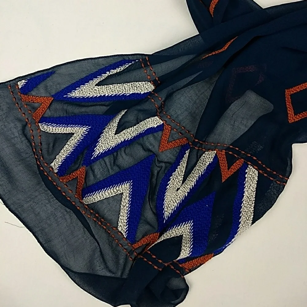 Lucky Brand Navy Scarf with Blue White and Orange Embroidery